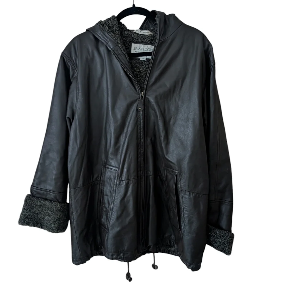 Vintage 90s Brandon‎ Thomas Brown Leather Hooded Zip Up Lined Jacket Coat Size M